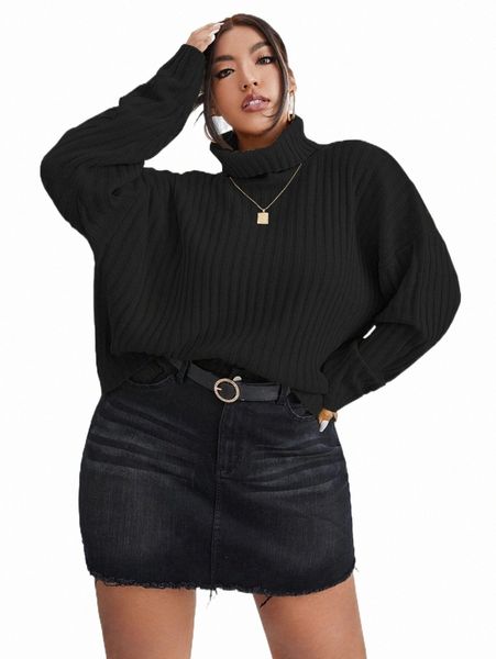 

plus size t-shirt plus turtleneck drop shoulder sweater k77p#, Black