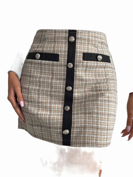 

skirts plaid button detail bodycon wool-mix fabric skirt t2sh#, Black