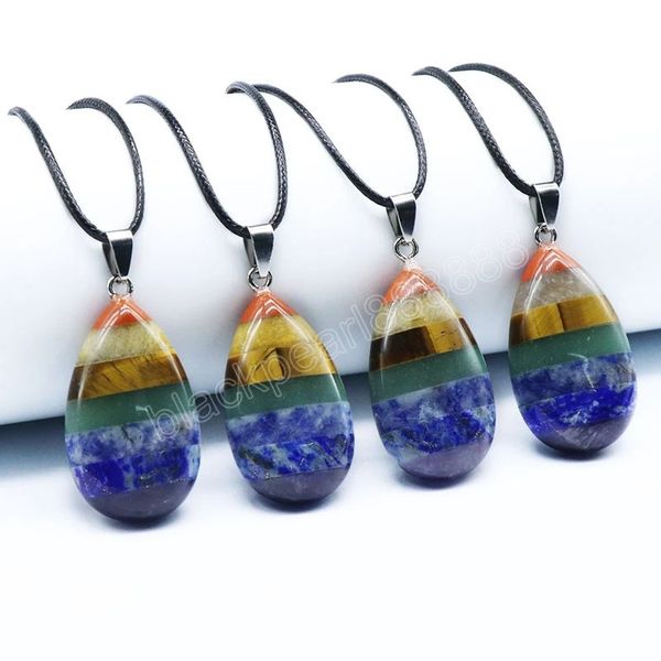 

retro reiki healing rainbow stone pendant necklace amulet tear drop crystal quartz chakra necklaces balance meditation female, Silver
