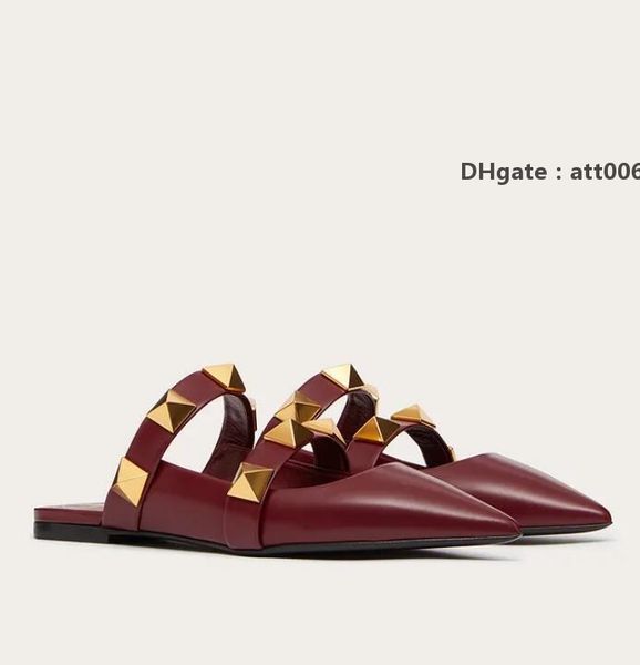 

shoes famous roman rock stud mule calfskin leather wine-red black straps women s sandals slipper fashion nice l valentinoe''valent
