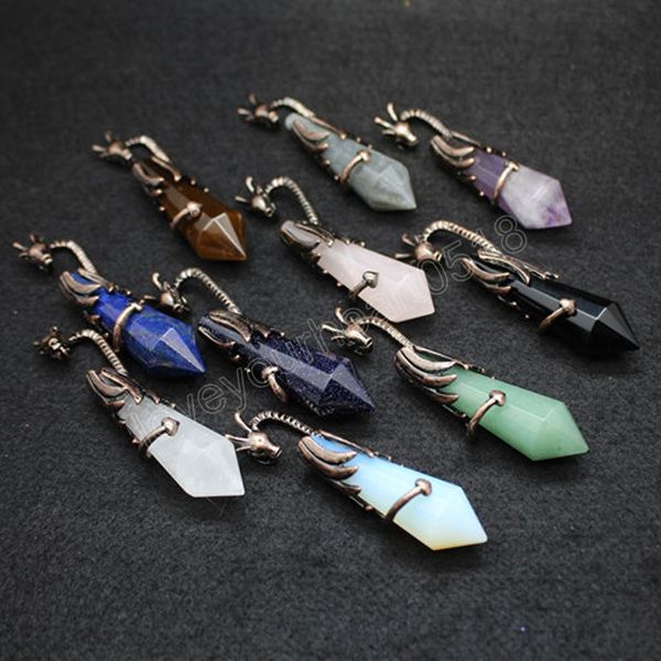 

vintage charm natural crystal pendant hexagonal healing point antique copper dragon lapis opal pink purple crystal pendulum women men, Bronze;silver