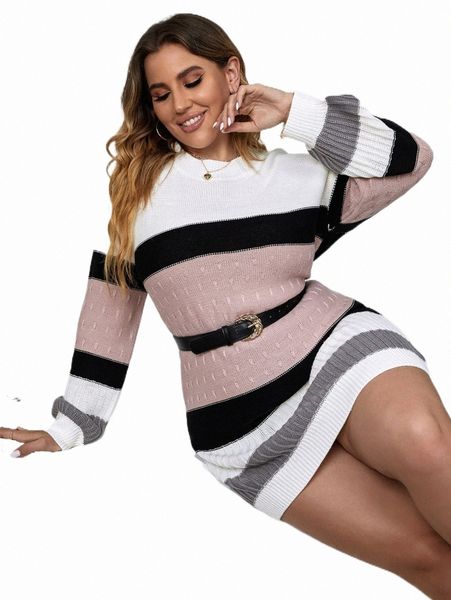 

plus size t-shirt plus color block sweater dress without belt l4y2#, Black