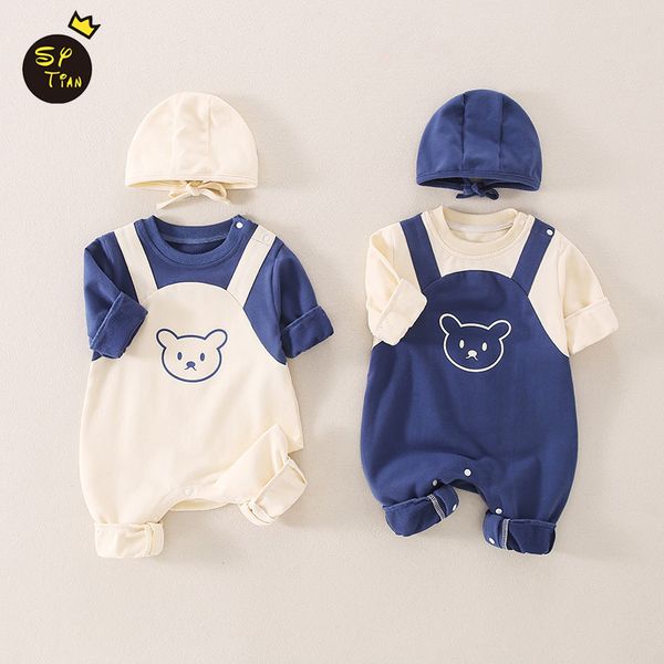 

overalls 0-12m born baby spring autumn rompers pure solid baby boys girls cotton soft jumpsuits gift round cap leisure kids overall 220909, Blue