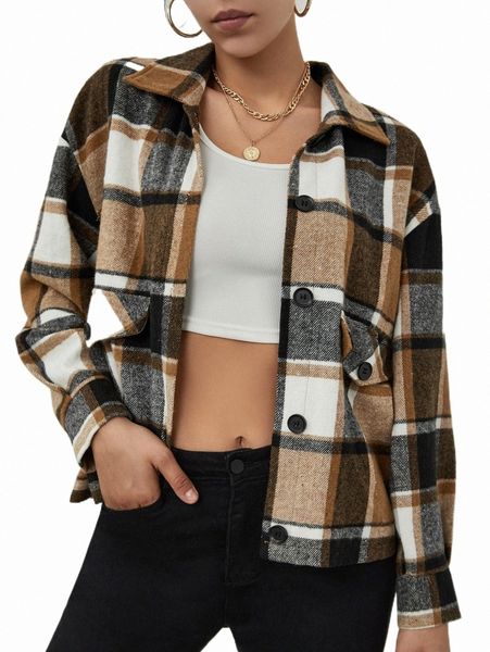 

women's jackets plaid print drop shoulder jacket 79wx#, Black;brown