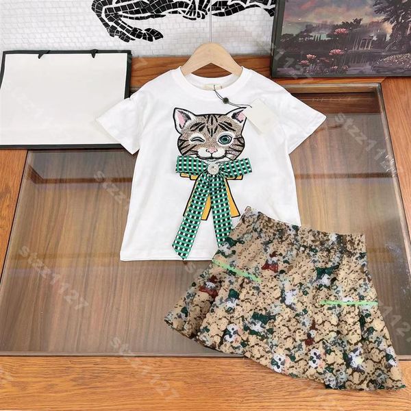 

fashion girl cat t shirt shorts skirt set 22ss designer brother and sister costume d r brand logo print kids two piece suit luxury tra234b, White
