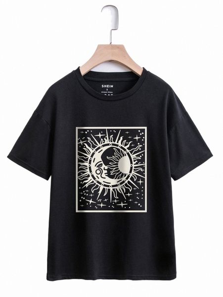 

women's t-shirt sun & moon print drop shoulder tee f6wi#, White