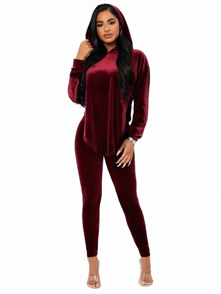 

two piece dress sxy velvet drop shoulder hoodie & pants set 24gh#, White