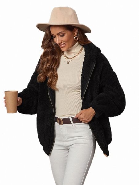 

women's jackets drop shoulder zipper hooded teddy jacket b7hc#, Black;brown