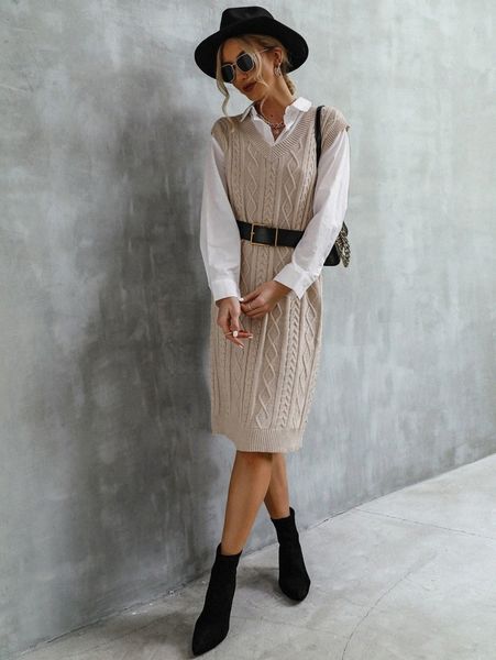 

women's sweaters cable knit sweater dress without belt c5jw#, White;black