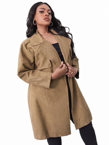 

plus size outerwear & coats plus lapel neck open front suede coat w1xk#, Black