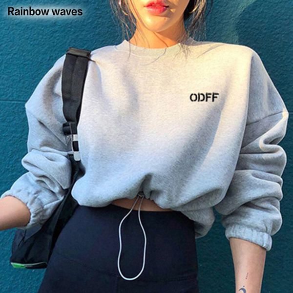 

women s hoodies sweatshirts rainbowwaves hoodie woman loose long sleeve short shirts letter spring oversize pullover korean streetwear crop, Black