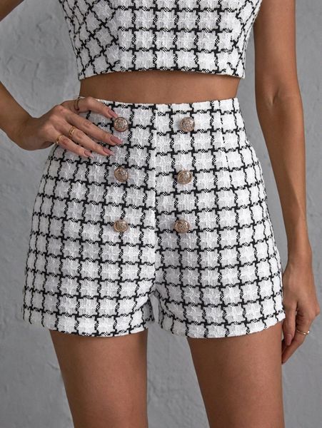 

women's shorts plaid print button detail tweed shorts k9eg#, White;black