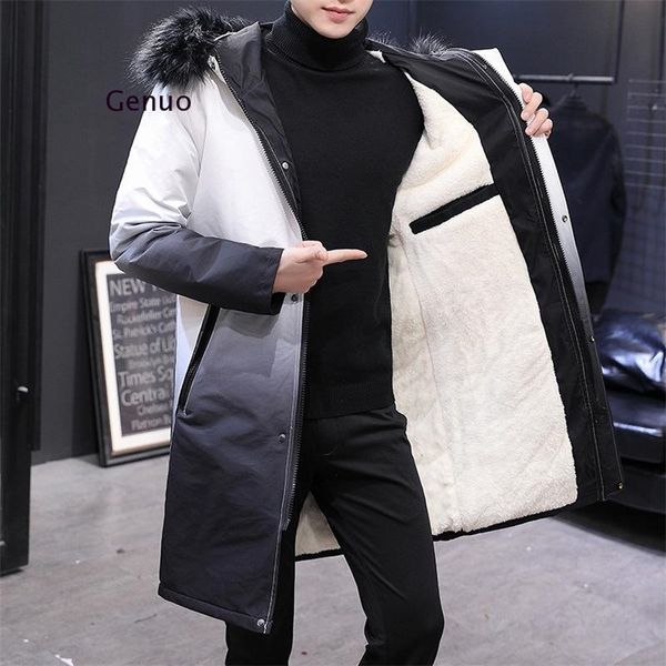 

men's down parkas winter jacket men gradient hooded slim korean parka hombre long jacket coat cashmere mens windbreaker parkas cotton j, Black