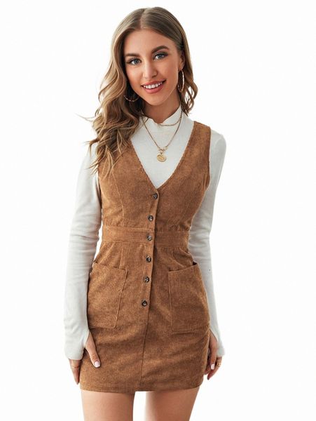 

casual dresses single breasted patch pocket cord overall dress g4lz#, Black;gray