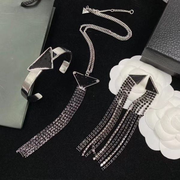 

european and korean alphabet tassel necklace brass material clavicle chain earrings bracelet set women, Silver