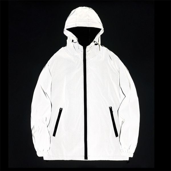 

mens jackets night reflective jackets double fabric windbreaker hooded jacket men hip hop dancer singer waterproof zipper coats outwear 2209, Black;brown