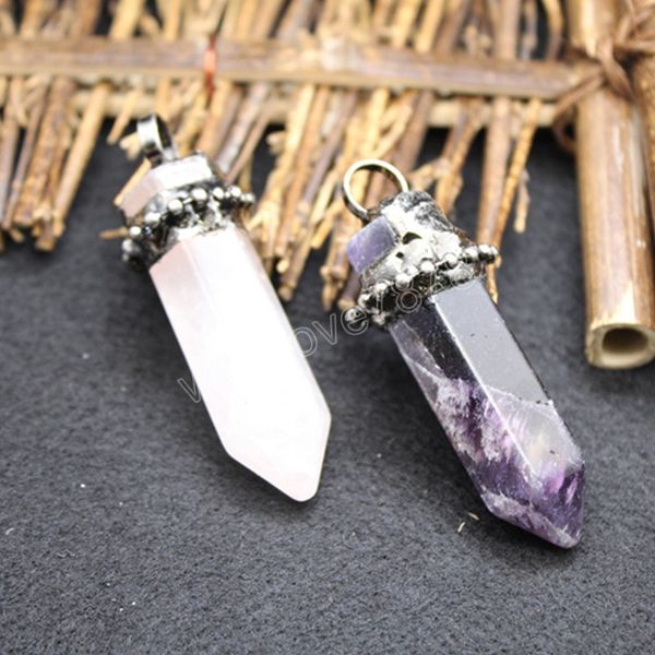 

natural crystal pendant antique copper big hexagonal pendulo amethysts pink purple crystal pendulum for women healing jewelry without chain, Silver