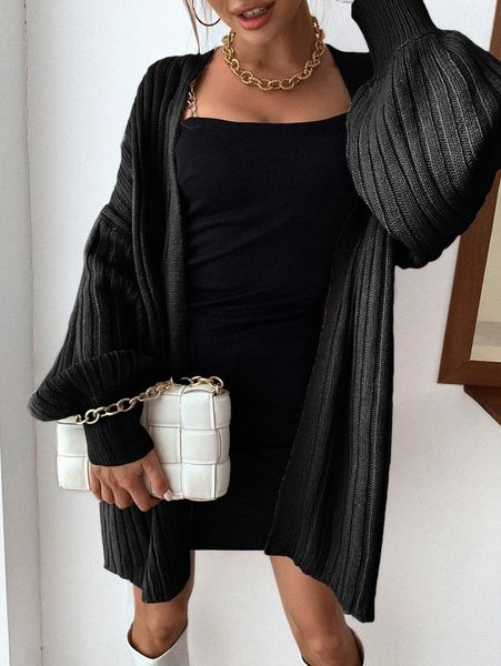 

women's sweaters ribbed knit lantern sleeve open front cardigan h558#, White;black
