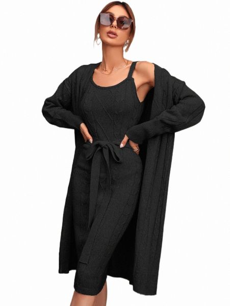 

women's sweaters solid belted knit cami dress & cardigan v0di#, White;black