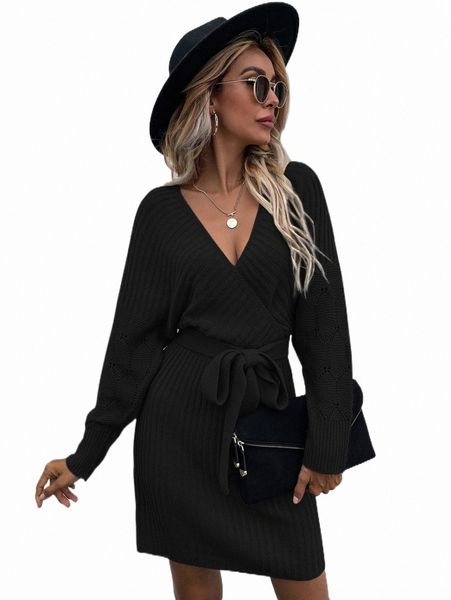 

women's sweaters surplice neck drop shoulder belted sweater dress 04fw#, White;black
