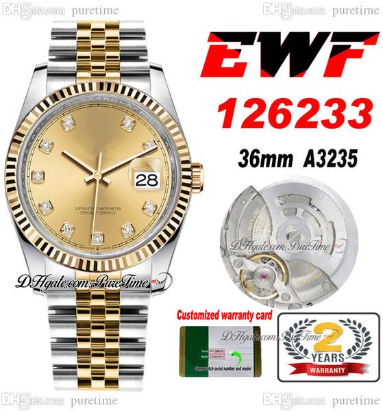 

ewf just 126233 a3235 automatic watch mens ladies 36 two tone yg champagne diamonds dial jubileesteel bracelet super edition same series car, Slivery;brown
