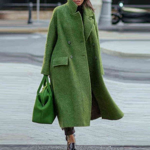 

women's wool blends new fashion vintage women winter loose blend wool coat elegant turn-down collar long cardigan jackets long sleeve, Black