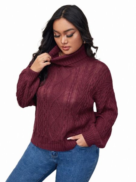 

plus size t-shirt plus cable knit turtleneck drop shoulder sweater l5ua#, Black