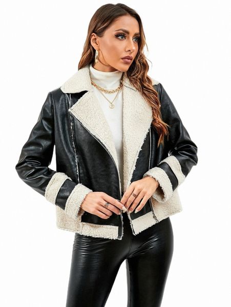 

women's jackets teddy lined zipper pu leather moto jacket i5cb#, Black;brown