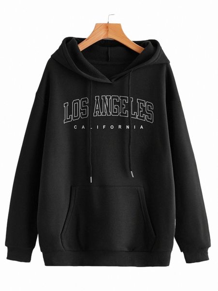 

women's hoodies & sweatshirts letter graphic kangaroo pocket drop shoulder drawstring thermal hoodie s9fd#, Black