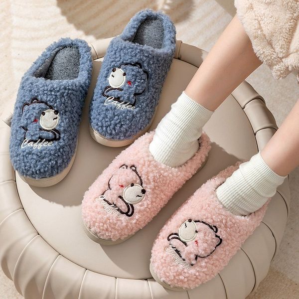 

slippers women men winter warm embroidery bear house thick soled cotton shoes home indoor couple boys girls non slip fur slides 220908, Black
