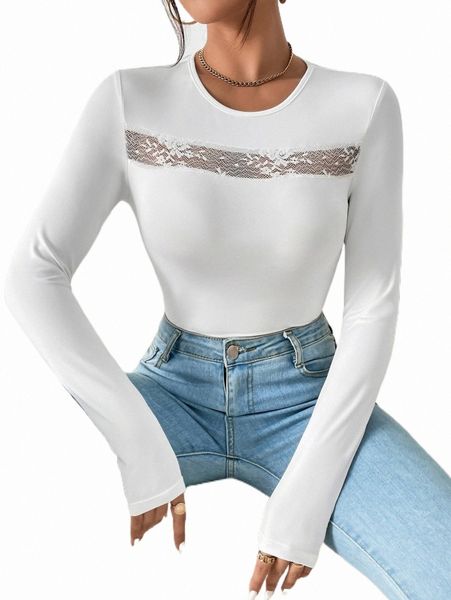 

women's t-shirt solid contrast lace tee 2022 new q53b#, White