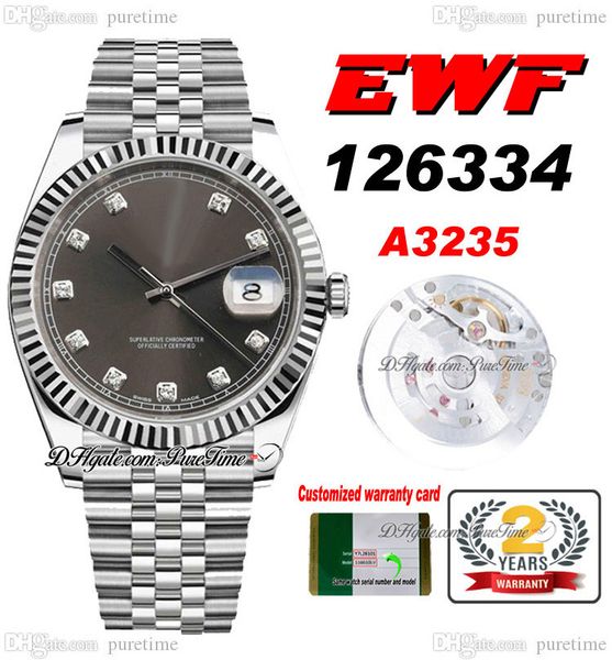 

ewf just 126334 a3235 automatic mens watch 41mm fluted bezel gray dial diamonds markers jubileesteel bracelet super edition same series card, Slivery;brown