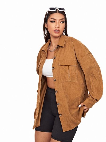 

plus size outerwear & coats plus solid flap pocket cord coat e22e#, Black