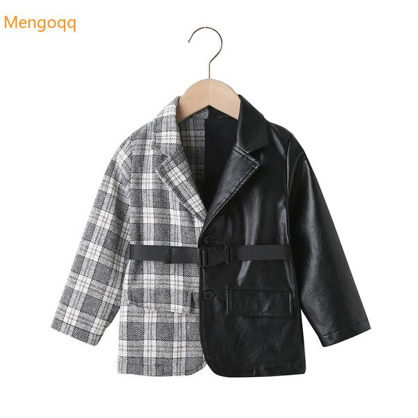 

jackets est fashion girls long sleeve plaid patchwork pu single-breasted coat children jacket kids baby leather outwear 2-7y 220908, Blue;gray