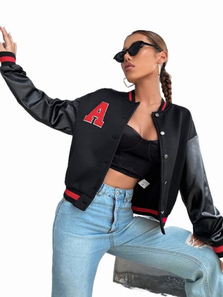 

women's jackets letter patch detail drop shoulder colorblock bomber jacket x9mc#, Black;brown