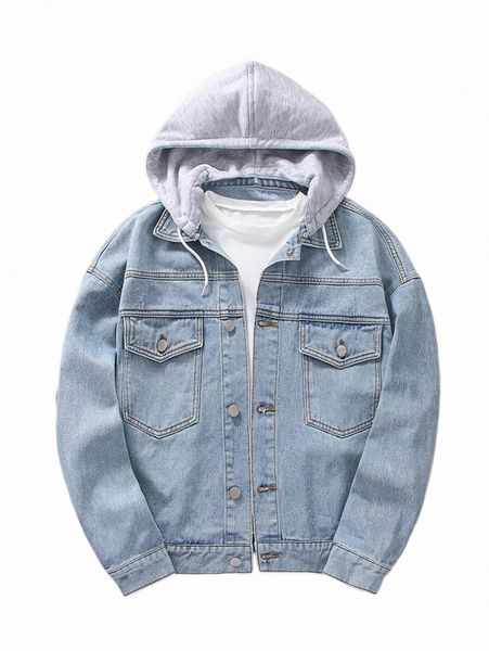 

women's jackets colorblock flap pocket drawstring hooded denim jacket without tee h8gc#, Black;brown