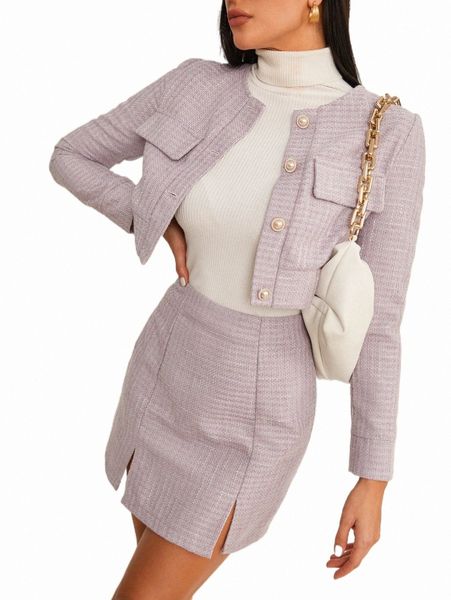

two piece dress plaid tweed crop jacket & split hem skirt d0cv#, White