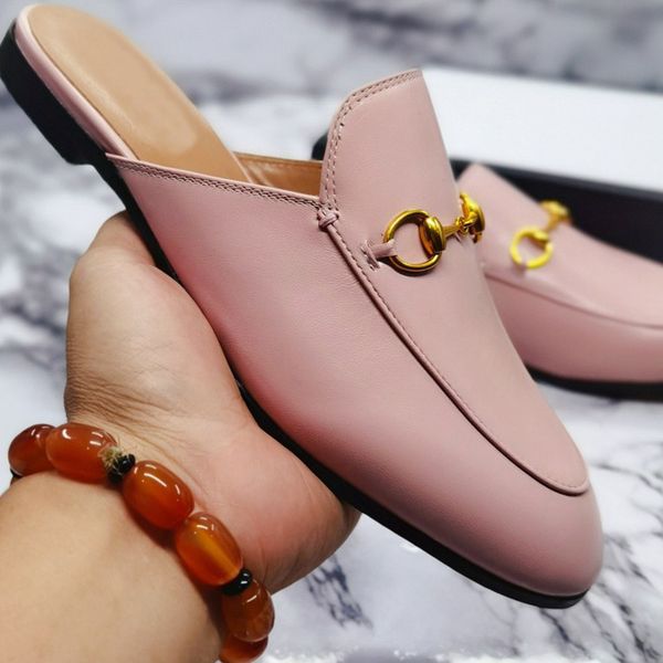 

slippers men slippers women shoes beach slides lady slipper 100% leather soft cowhide metal buckle mules princetown classic large size 34-46, Black