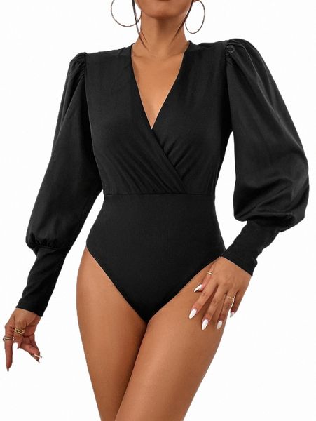

women's t-shirt surplice neck ruched lantern sleeve bodysuit g2e9#, White