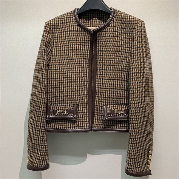 

womens s winter french single breasted outwear 100%wool coat female plaid short t vintage autumn woolen jacket women 220909, Black;brown