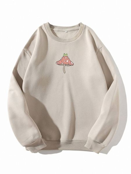 

women's hoodies & sweatshirts frog & mushroom print thermal pullover 84u0#, Black
