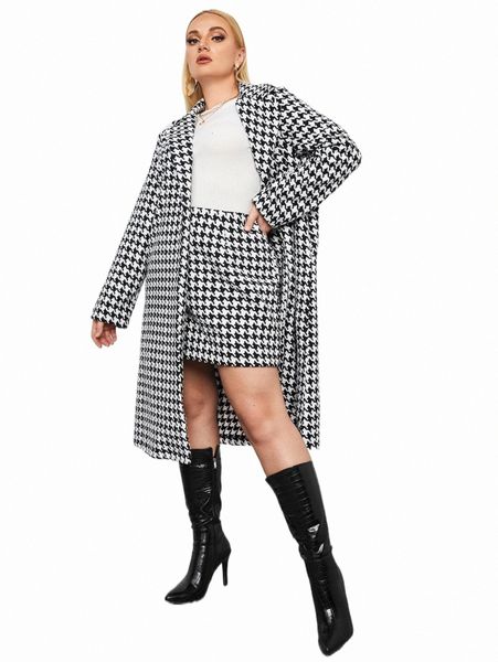 

plus size dresses plus houndstooth print open front coat & skirt 05yk#, Black