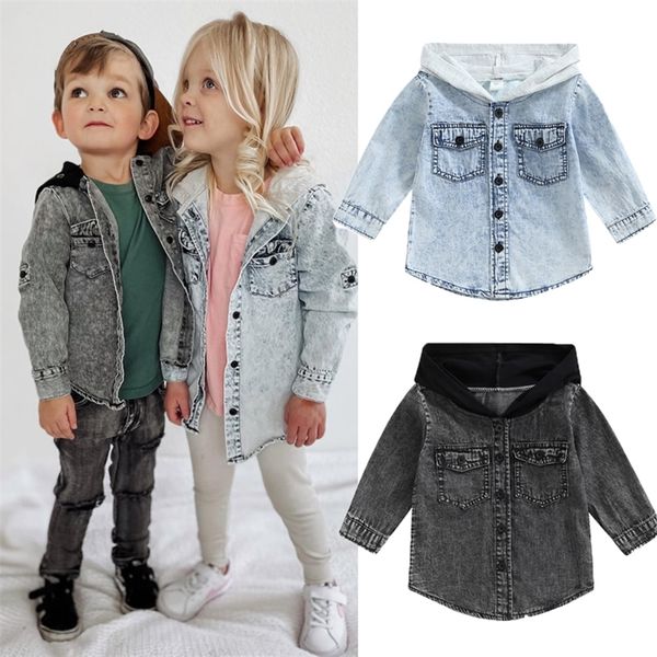 

jackets focusnorm 0-5y autumn toddler boys girls coat 2 colors solid denim long sleeve single breasted patchwork hooded 220909, Blue;gray