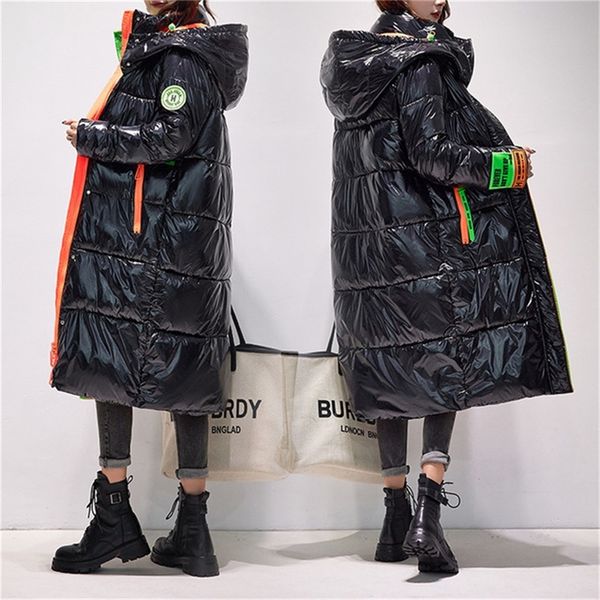 

women's down parkas women color contrast mid-length parkas thick winter with zipper casual coat female hooded warm down cotton jacket 2, Black