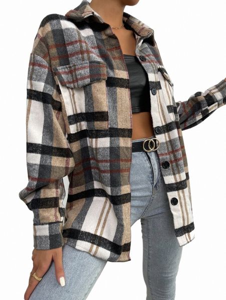 

women's blouses & shirts flap pocket drop shoulder plaid shirt x4zz#, White