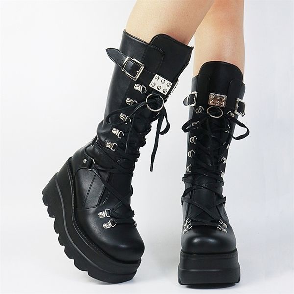 

boots big size 3543 brand design ladies high platform fashion rivet goth heels women cosplay wedges punk shoes woman 220908, Black