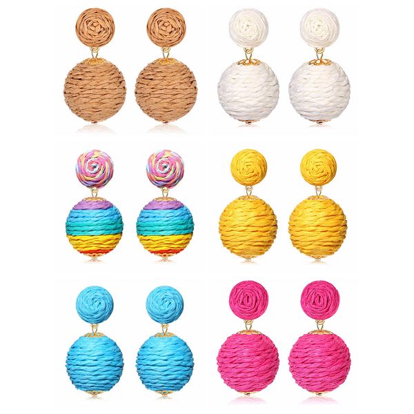 

6pcs women rattan earrings stud boho handmade straw raffia drop geometric lantern dangle earring for girls summer beach jewelry, Golden;silver