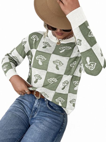 

women's sweaters mushroom & checkered pattern drop shoulder sweater v9ck#, White;black