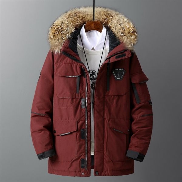 

men's down parkas waterproof down winter coat men's down jacket with big real fur collar warm parka -30 degrees men casual heated, Black