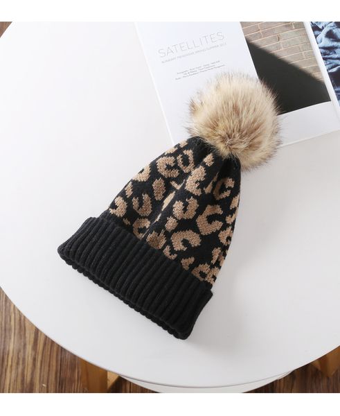 

knitted leopard print fur ball cap for outdoor men in autumn and winter, Blue;gray
